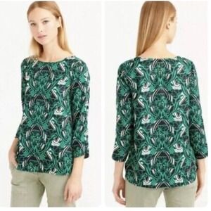 J.Crew Popover Blouse in Retro Floral Print Green Black Blouse 3/4 Sleeve Size 2